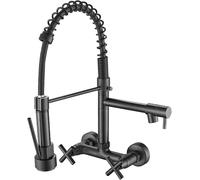 GLDYTVF Robinet de Cuisine Mural Noir avec Deux Trous, douchette extractible, Rotation à 360°, Construction en Laiton, Boutons croisés Doubles, mitigeur d'eau Chaude et Froide