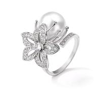 GleaMora Grande Fleur Imitation Perles Or Argent Anneaux pour Femmes Bague Fête Bijoux Romantique Doux Élégant Léger Bague de Luxe