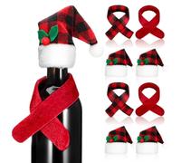 GLEAVI 4 Ensembles Holiday Wine Bottle Cover with Buffalo Plaid Mini Santa Hats and Festive Scarfs Fabric Christmas Decoration for Party and Table Centerpiece