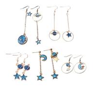 GLEAVI Boucles d’oreilles asymétriques pendantes lune et planète, métal léger bleu nuit, 5 paires fantaisie, bijoux femme pour soirée, voyage et usage quotidien
