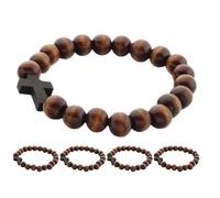 GLEAVI Bracelet jonc croix (lot de 5) : Bracelet de perles rondes en bois - extensible de prière en forme de croix - Bijou religieux chrétien pour femmes et hommes