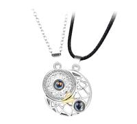 GLEAVI Collier Pendentif Lune Argenté Projection d'Amour en 100 Langues Chaîne Courte pour Couple Décoration Romantique du Cou Bijou Simple et Unisexe Présent pour Femme et Homme