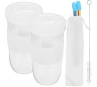 GLEAVI Gobelets en Verre Transparents Couvercle Étanche et Paille Silicone, Lot de 2, Réutilisables, Anti-Fuite, pour Jus, Bubble Tea et Eau