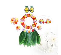 GLEAVI Jupe Hawaïenne en Fausses Feuilles et Accessoires Tropicaux en Tissu Extensible, Ensemble pour Adultes, Costume de Fête Luau, Tenue D'été Festive Plage, 4 Pièces Colorées Taille Unique