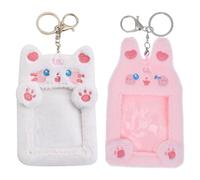 GLEAVI Lot de 2 Porte-Clés Porte-Cartes Peluche Animaux Mignons Blanc Chat et Lapin Porte-Cartes D’Identité Dessin Animé Rangement Compact pour Cartes Photo et Badge Accessoire