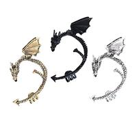 GLEAVI Lot de 3 Clips d'Oreilles Punk Dragon Volant Gothique sans Trou Bijoux Vintage en Métal Couleur Cuivre Argenté Antique et Noir Accessoires Élégants pour Boîte de Nuit et Usage
