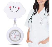 GLEAVI Montre d'Infirmière Télescopique Blanche Enrouleur Rétractable Montre de Poche Suspendue pour Aide-Soignante Design Micro Sourire Blanc Nuage Accessoire Professionnel Pratique