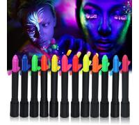 GLEEMEN Peinture Fluorescents UV, 12 Couleurs De Peinture Maquillage UV Néon Pour Le Visage et Le Corps, vec 4 Pochoirs, Lavables Bâton de Peinture au Néon, Peinture Corporelle Pour Festival Halloween