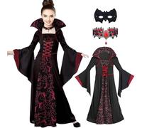 GLEEMEN Vampire Deguisement Halloween Fille, Déguisement Vampire Enfant, Costume de Vampire, Gothique Robe Vampire avec Collier pour Carnaval Fête à thème Dracula Cosplay (130)