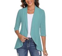 GLEENOD Cardigan pour femme - Manches 3/4 - Décontracté - Léger - Élégant - Cardigan ouvert sur le devant - Pull en tricot sans boutons, bleu clair, XXL