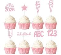 Gleevio Lot de 24 décorations de gâteau pour enfant scolaire 2026 - Pour la rentrée des classes - Rose - Pour la rentrée des classes - Avec sac à sucre ABC 123 - Pour la rentrée scolaire