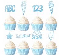 Gleevio Schulkind ABC 123 Lot de 24 décorations de gâteau à paillettes pour la rentrée des classes, décoration de gâteau pour la rentrée scolaire, sac à sucre, décoration de gâteau pour enfant