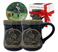 Glen Appin Scotland Thistle Lot de 2 tasses en grès avec passepoil en relief Motif chardon écossais 500 ml Bleu