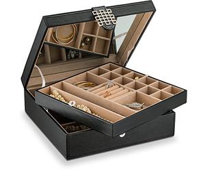 Glenor Co Boîte à bijoux à 28 sections - 2 couches - Fermoir à boucle et fermeture magnétique - Grand miroir - Design en cuir - Noir - Organisateur de bijoux pour femmes et filles - Support pour
