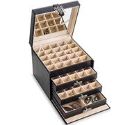 Glenor Co Organiseur de boucles d'oreilles - 75 petites et grandes fentes - Boîte à bijoux classique avec tiroir, fermeture moderne, miroir, 4 plateaux, boucles d'oreilles, bague ou chaîne de