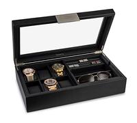 Glenor Co Valet Boîte à bijoux pour homme - Peut contenir 6 montres, 12 boutons de manchette, 2 lunettes de soleil et un plateau de rangement - Boîtier de montre pour homme - Organiseur en fibre de