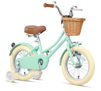 Glerc Vélo de 35,6 cm pour petites filles de 3, 4, 5 ans, vélos de style rétro vintage avec panier, roues d'entraînement et clochette, vert menthe