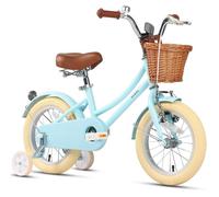 Glerc Vélo pour enfants 12 pouces, vélo rétro pour filles âgées de 2 à 4 ans,avec panier en osier et roues d'entraînement, bleu