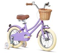 Glerc Vélo pour enfants 14 pouces, vélo rétro pour filles de 3 à 5 ans,avec panier en osier et roues d'entraînement, violet