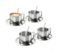 Glewi Tasses en acier à double paroi résistant à la chaleur 20 nsemble complet de 4 pièces, comprend des tasses, des sous-verres, des cuillères, prêts à servir, cadeau parfait pour une
