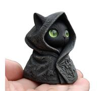GLFLOW Figurine mystérieuse de chat noir à capuche avec yeux émeraude - Statue gothique en résine 8 cm Décoration d'Halloween