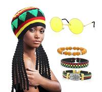 GLGHMH Lot de 5 accessoires de costume rasta, chapeau rasta avec dreadlocks noires et lunettes jaunes et 3 bracelets, déguisement des Caraïbes pour fêtes, cosplay