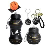 GlibberToy Bouteille d'eau en Silicone pour le Basketball,Bouteille d'eau de Course Pliable en Silicone avec2 pcs Porte-clés Basketball, Balles De Bande De Poignet, Gourde pliable 550 ml pour Enfants
