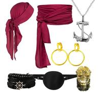 GlibberToy Ensemble d'Accessoires de Costume de Pirate, Bandeau Pirate, Bracelets en Cuir, Pendentif Ancre, Cache-œil, Boucles d'Oreilles Or, bague tête de mort Or, pour Carnaval, Halloween, Cosplay