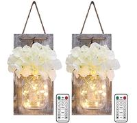 Glighone Appliques Murales Mason Jar avec Télécommande, Décoration Murale de Chambre Rustique Minuterie Fleurs Artificielles Lumières Suspendue à Piles avec LED Bande pour Décor de ferme(lot de 2)