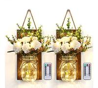 Glighone Appliques Murales Mason Jar, Décoration Murale de Chambre Rustique avec 2 Télécommande Minuterie Fleurs Artificielles Lumières Suspendue à Piles avec LED Bande pour Décor de Salon(lot de 2)