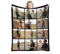GLIKW Couverture Personnalisée avec Photos et Texte, Couverture Plaid Photo en Flanelle Ultra Doux, Cadeau de Noël pour Famille, Père, Mère, Enfants, Animaux, Amis ou Couples (12 Photos)
