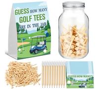 Glimin Ensemble de décorations d'anniversaire de golf Guess How Many Golf Tees Are in the Jar - 50 cartes, 1 panneau, 10 crayons, 100 tees en bois de 6,3 cm, pot Mason Jar pour fête d'anniversaire