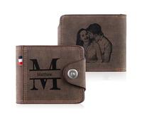 Glimmerday Portefeuille Bouton Personnalisé, Portefeuille Slim pour Homme, Portefeuille avec Initiale Gravées, Photo, Cadeau Fête des pères Personnalisé (Brun)