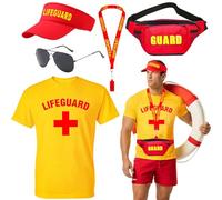 Glirop Costume de maître nageur avec t-shirt, chapeau, sac banane, sifflet, lunettes de soleil, accessoires de costume de plage pour homme et femme, fête au bord de la piscine, Halloween, cosplay