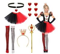 Glirop Costume de reine 6 pièces, ensemble d'accessoires avec couronne, bandeau, boucles d'oreilles, cœur rouge, baguette ras-du-cou, jupe, tutu, bas