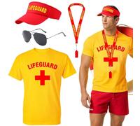 Glirop Costume de sauveteur avec t-shirt, chapeau, sac banane, sifflet, lunettes de soleil, accessoires de costume de plage pour homme et femme, fête à la piscine, Halloween, cosplay