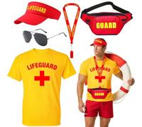Glirop Costume de sauveteur avec t-shirt, chapeau, sac banane, sifflet, lunettes de soleil, accessoires de costume de plage pour homme et femme, fête à la piscine, Halloween, cosplay
