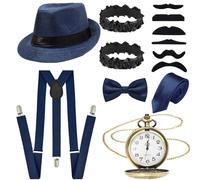 Glirop Ensemble de costume Gatsby années 1920 13 pièces pour hommes, kit d'accessoires gentleman années 20 rugissantes avec chapeau, bretelles, montre de poche, nœud papillon, barbe, manchettes