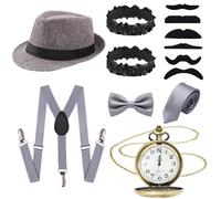 Glirop Ensemble de déguisement Gatsby années 1920 pour homme, kit d'accessoires des années 20 rugissantes avec chapeau, bretelles, montre de poche, nœud papillon, barbes, poignets et cravate pour