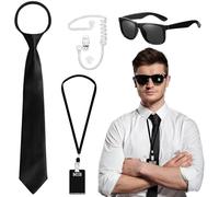 Glirop Lot de 6 accessoires de costume d'agent, de renseignement, costume d'espion pour homme, en noir, avec lunettes de soleil, cravate, écouteurs, porte-carte d'identité pour adultes, Halloween