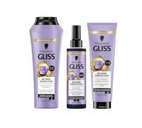 Gliss Blonde Perfector Purple Shampooing (250 ml) avec effet anti-jaunissement et après-shampoing Express Purple Blonde Perfector (200 ml) à pulvériser et masque capillaire 2 en 1 (150 ml)
