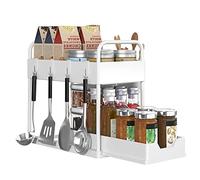 GLIT Rangement sous Evier 2 Niveaux, Coulissant Organiseur sous Évier Etagere Tiroir, Étagère de Rangement à 2 étages sous l'évier avec 4 Crochets, Organiseur de Cuisine Salle de Bain (Blanc)