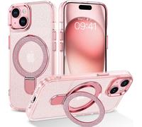 Glitter Case For Iphone 15 With Stand, Magnetic Compatible With Magsafe, Bling Crystal Case Phone Cover Shockproof Anti-Scratch Case For Iphone 15 6.1 Inch, Pink