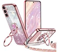 Glitter Case For Samsung Galaxy S24 5g With Cord, Electroplated Silicone Tpu Case For Samsung S24 With Double Ring Stand, Adjustable Glitter Lanyard Shockproof Heart Design, Pink