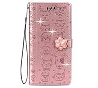 Glitter Coque pour Samsung Galaxy A25 5G PU Cuir Étui Brillant Shining Housse Wallet FlipCover Protection 360 Etui a Rabat Magnétique Cute Chat Chiot Motif Case pour Samsung A25 5G - Roségold