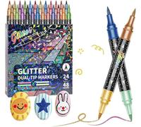 Glitter Effect Brush Markers, 24/48/72/96 Colors Dual Tip Glitter Pens Set, Metallic Sparkle Markers for Cards, DIY Crafts, Doodle, Writing, Adults Coloring Books, Art Supplies Scrapbooking(48colors)