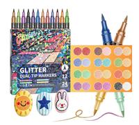 Glitter Effect Brush Markers for Doodle Writing, Dual Tip Dual Color Shimmer Marker 24 Colors