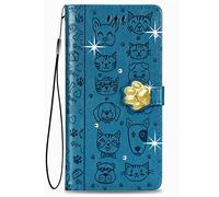 Glitter Flip Wallet Coque pour iPhone 16 Étui en Cuir Glitter Bleu PU Leather Case Bouton 3D Folio Case with [Card Slots] Flip Cover Cute Chat Chiot Motif Housse for iPhone 16