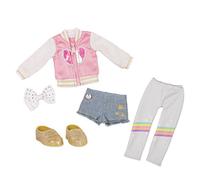 Glitter Girls - Layered Leggings Outfit - Denim Shorts & Pink Heart Jacket - Rainbow Tights, Hair Bow, Glitter Shoes - 14-inch Doll Outfits & Accessories - 3 Years + - Have A Gradient Day!