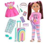 Glitter Girls Poupée de voyage de 35,6 cm - Cheveux bruns et yeux bleus - Ensemble de 21 pièces avec valise, passeport et articles de toilette - Vêtements de poupée amovibles et masque pour les yeux